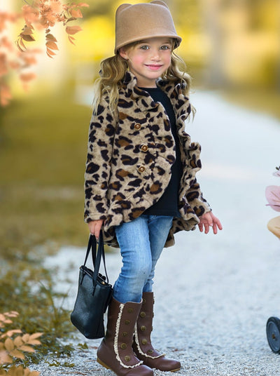 Kids Cardigans | Leopard Fleece Ruffle Cardigan | Mia Belle Girls